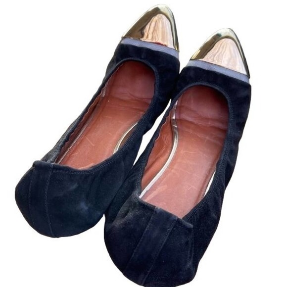 Givenchy Ballet Flats Pointed Cap Toe Gold Slip On Shoes Black Suede Size 40 - Picture 2 of 12